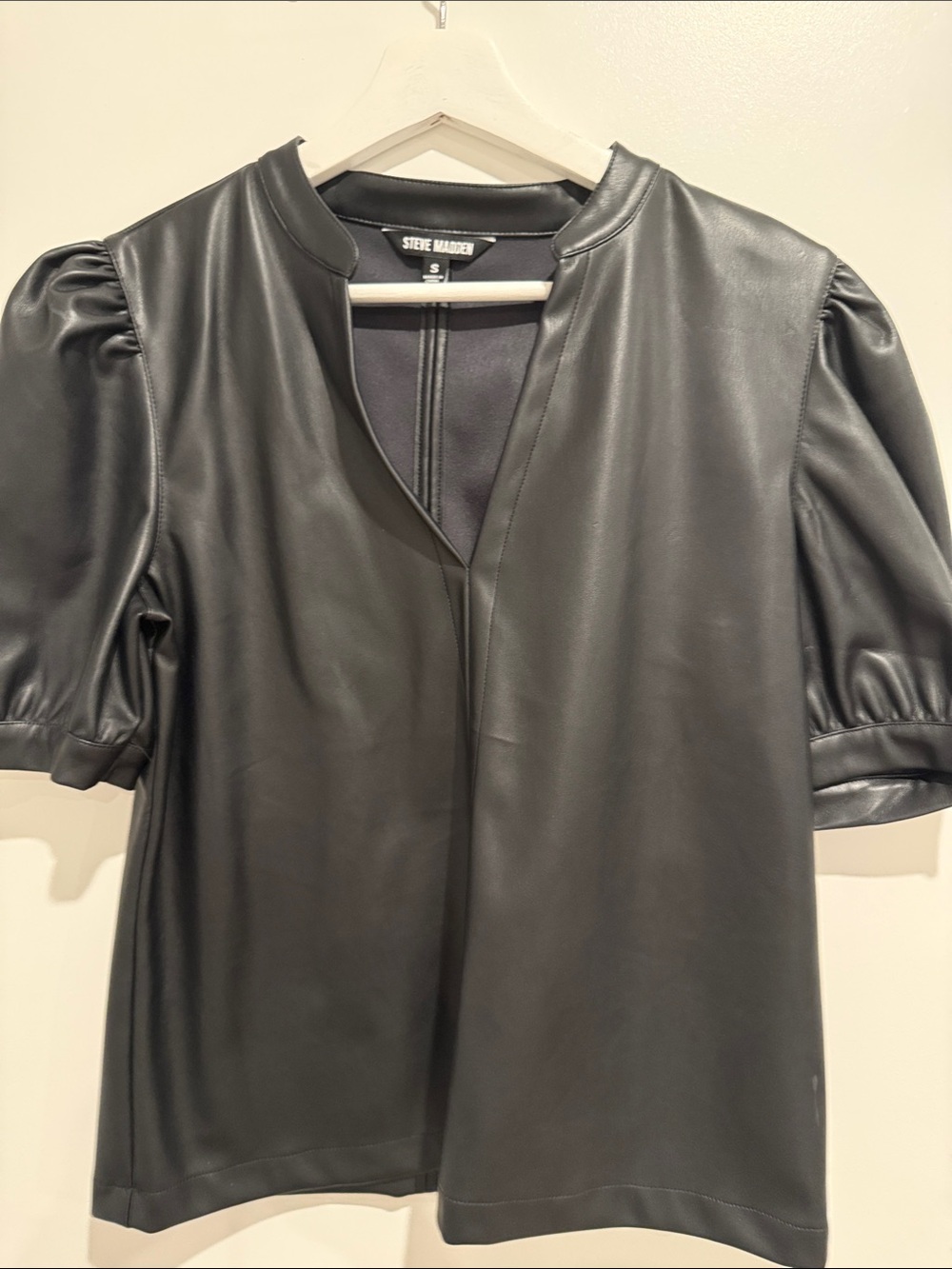 Steve Madden Black Faux Leather Split-Neck Puff Sleeve Top